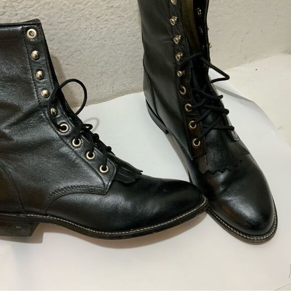 Justin Women’s 6 D Black Kiltie Roper Leather Lace Up Boots - Picture 3 of 15